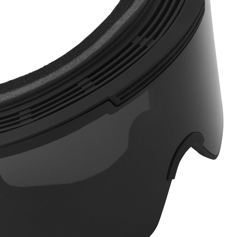 / Smoke | im_ready_for_my_closeup.JPG | Close-up of a black sports snow goggle lens with a curved brow cutout and ribbed rim detail on a white background.