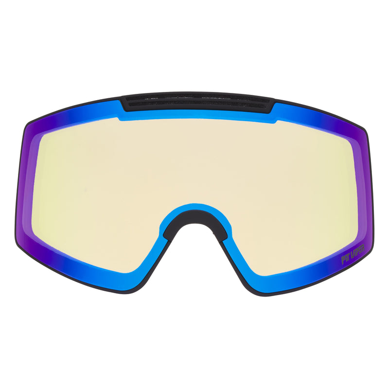 / Smoke | omg_a_bonus_lens.JPG | A replacement ski or snowboard goggle lens with a blue and purple gradient frame border and a warm yellow-tinted center.