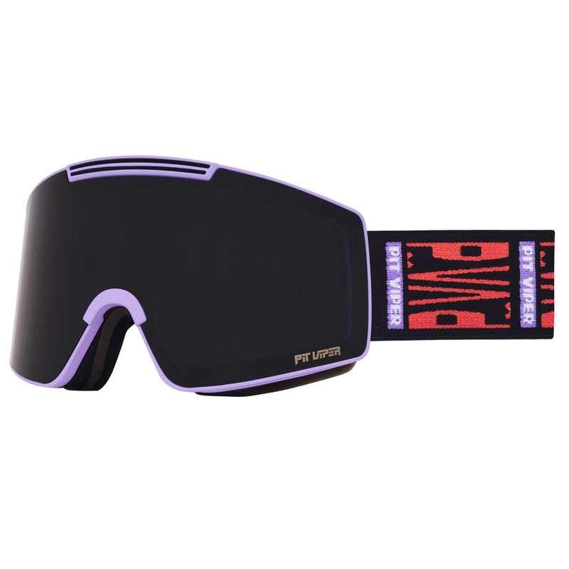 / Smoke | side_view.JPG | Black ski goggles with a light purple trim and a patterned black, red, and purple strap, featuring the 'PiT VIPER' branding.