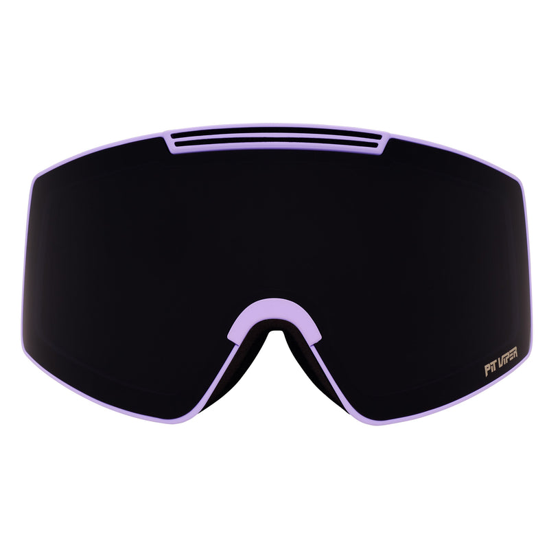 / Smoke | full_frontal.JPG | A ski or snowboard goggle lens with a black tinted surface and light purple/lavender trim, featuring a small gold 'PIT VIPER' logo on the lower right corner of the lens.
