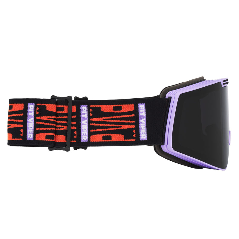 / Smoke | even_more_side_view.JPG | Side view of ski goggles with a black lens, purple trim, and a black elastic strap featuring red and purple graphic patterns and 'PIT VIPER' text.