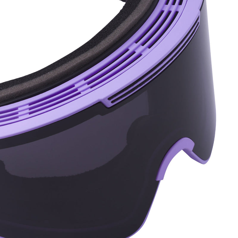 / Smoke | im_ready_for_my_closeup.JPG | Close-up of a ski or snowboard goggles showing a dark purple-tinted lens and a light purple frame with black foam padding.