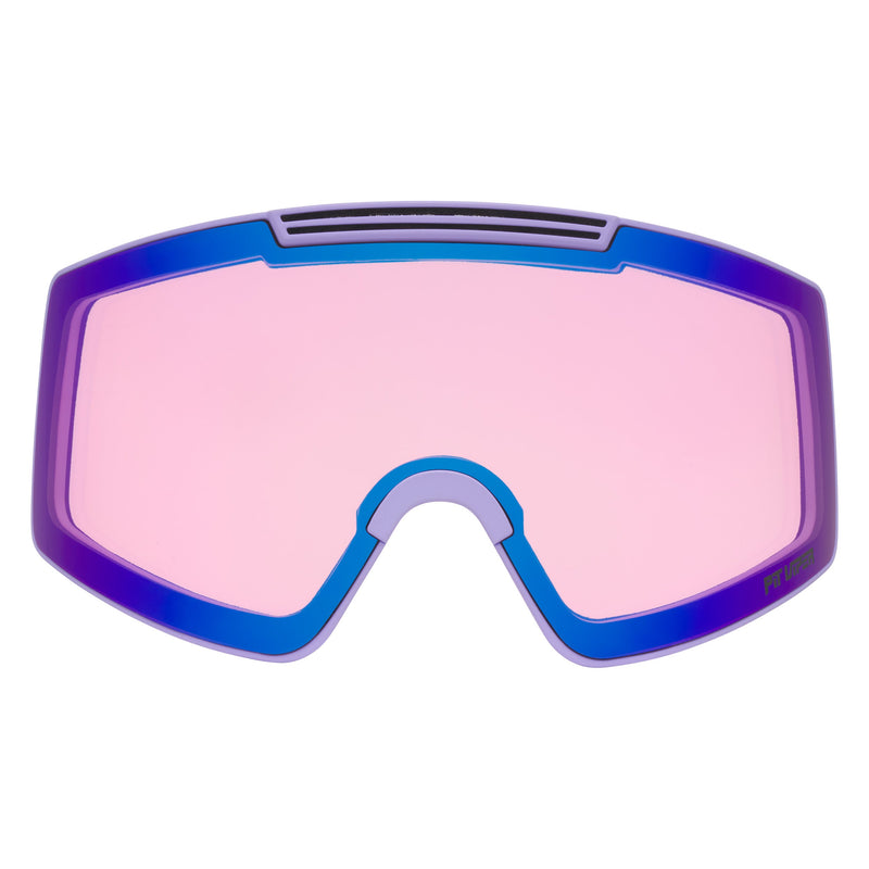 / Smoke | omg_a_bonus_lens.JPG | A ski or snowboard lens protector insert with a pink-tinted lens and a blue-purple protective frame, shown against a solid white background.