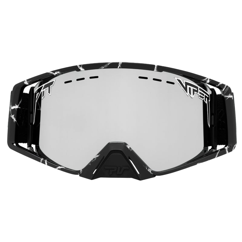 Silver | full_frontal.jpg | Black and white marbled Pit Viper goggles with a silver mirrored lens, shown against a plain white background.