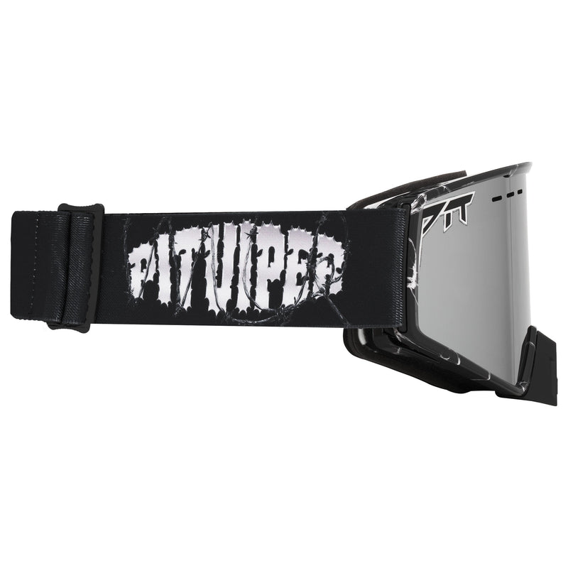 Silver | even_more_side_view.JPG | Black ski goggles with a wide black strap featuring a distressed white 'PIT VIPER' logo, and a reflective silver mirrored lens.