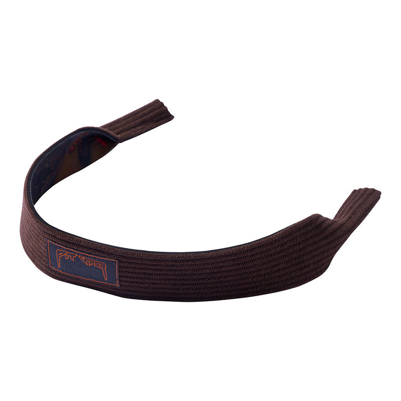 | a_rig_wow.JPG | A dark brown ribbed knit sunglasses rig with a small blue and orange embroidered logo patch on the front, shown against a plain white background.