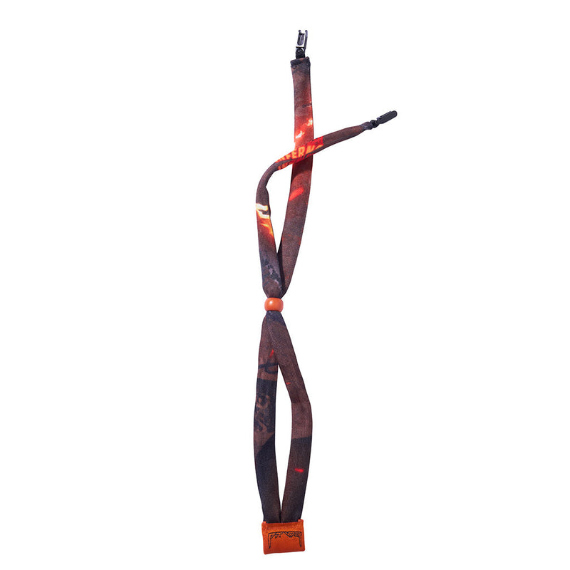 | full_frontal.JPG | A dark brown and black lava-patterned lanyard with glowing orange LED accents, a small orange bead, and an orange tag at the bottom, shown on a solid white background.
