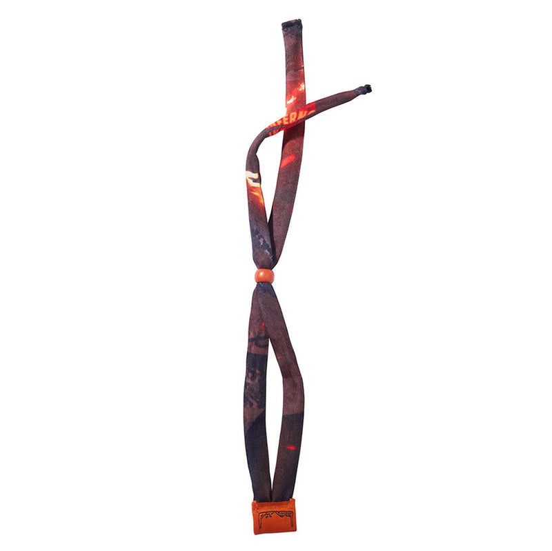 | full_frontal.JPG | A dark brown and black abstract patterned neck strap or lanyard with orange-red accents and a small orange tag at the bottom, shown on a plain white background.