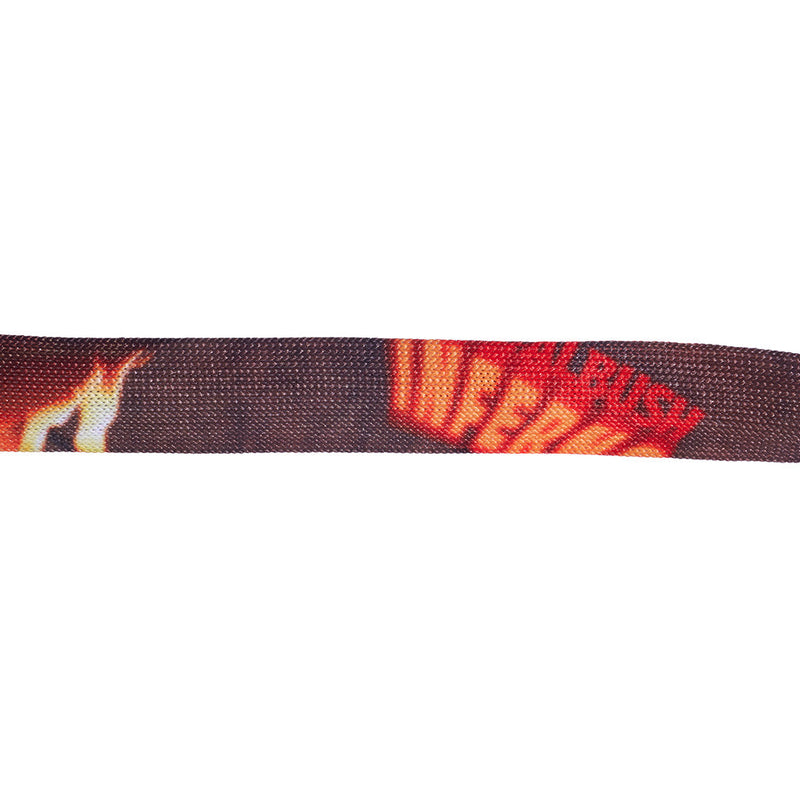 | inferno.JPG | A close-up horizontal view of a dark woven strap or belt featuring a red and orange graphic with the word 'INFERNO' and flame motifs on a plain white background.