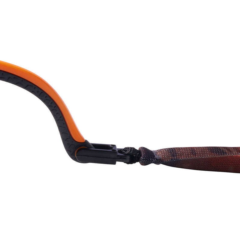 | clips2.JPG | Close-up of a camera strap showing a bright orange padded section with a black textured edge, a black plastic clip, and a dark patterned fabric strap on a white background.