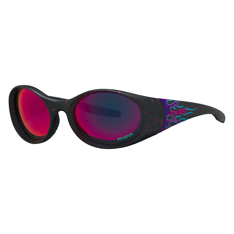 / Pink-Purple | side_view.JPG | The Ignition Slammer by Pit Viper, 1999 retro oval sunglasses with purple flames on the lens and a purple lens