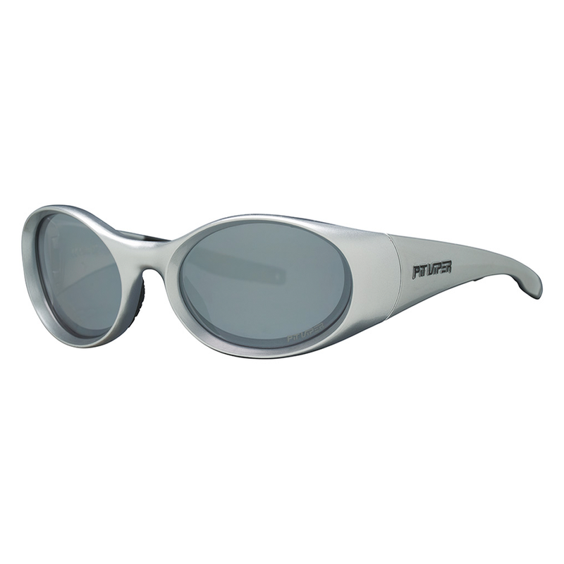 Silver | side_view.JPG | The Spine Tingler Slammer from Pit Viper, 1999 retro oval sunglasses with a silver frame and a silver lens
