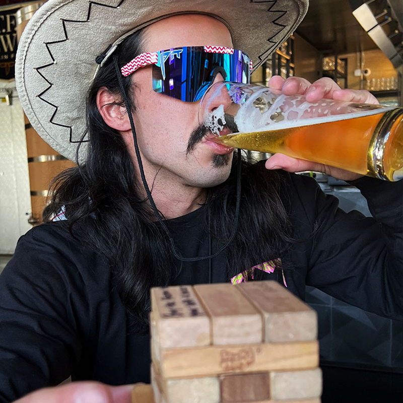 Polarized Blue / Wide | help.JPG | Man drinking beer wearing The Yankee Noodle Original from Pit Viper Sunglasses